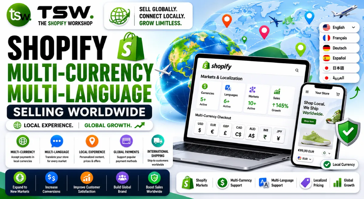 Shopify multi-currency and multi-language selling worldwide with localized shopping experiences, international payments and global ecommerce growth