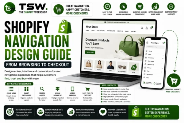 Shopify navigation design guide showing user-friendly menus, intuitive browsing experience and optimized customer journey from product discovery to checkout