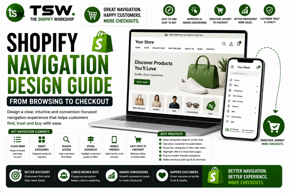 Shopify navigation design guide showing user-friendly menus, intuitive browsing experience and optimized customer journey from product discovery to checkout