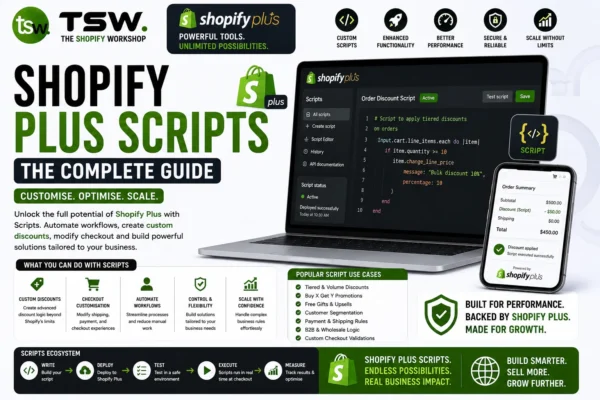 Shopify Plus Scripts guide showing custom automation, checkout customization, discount logic and advanced Shopify Plus development