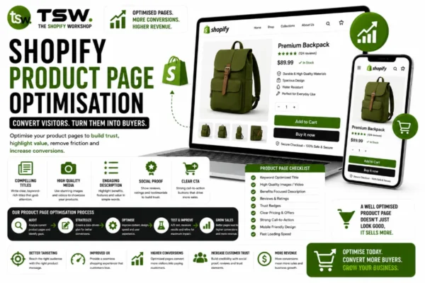 Shopify product page optimization guide showing conversion-focused design, product presentation and ecommerce sales growth