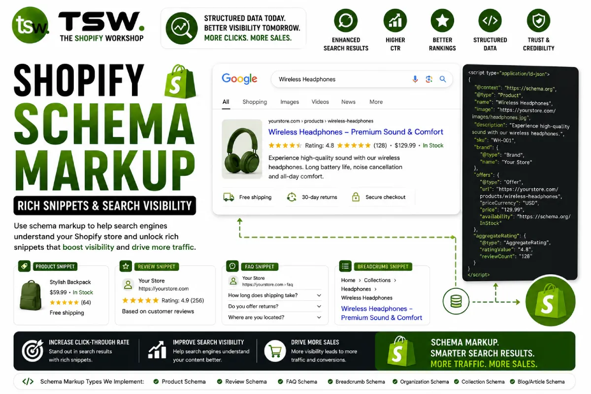 Shopify schema markup implementation showing rich snippets, structured data, product ratings and enhanced Google search visibility for ecommerce stores
