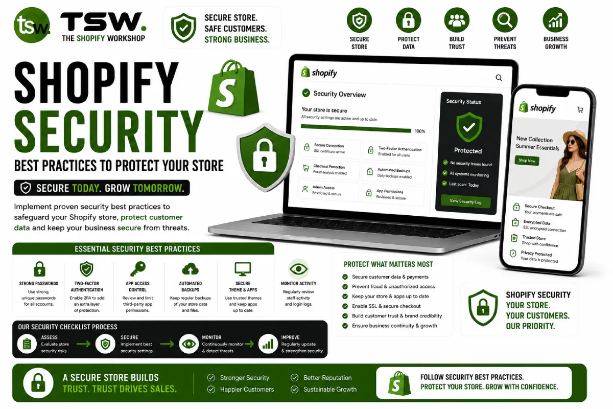 Shopify security best practices guide showing store protection, customer data security, fraud prevention and ecommerce security measures