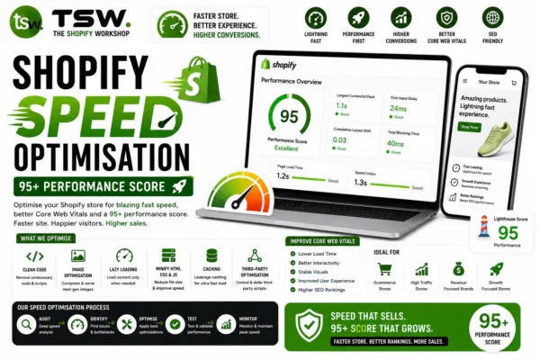Shopify speed optimisation guide showing 95 plus performance score, Core Web Vitals improvements, faster loading times and ecommerce growth