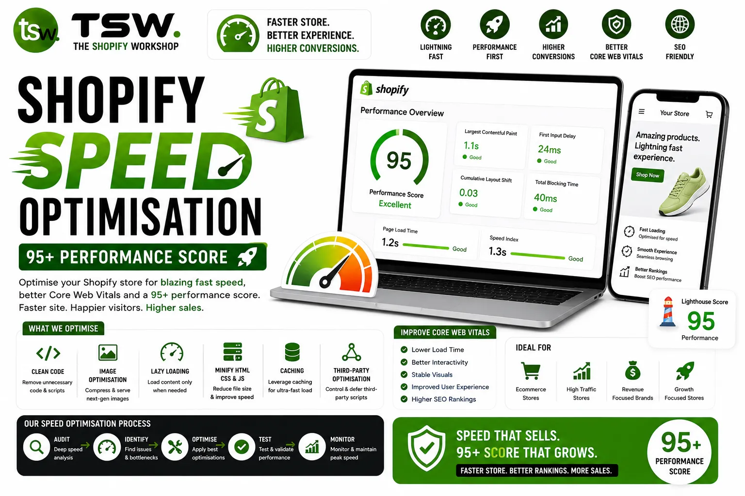 Shopify speed optimisation guide showing 95 plus performance score, Core Web Vitals improvements, faster loading times and ecommerce growth