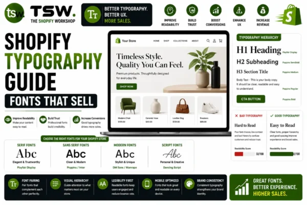 Shopify typography guide showing ecommerce font selection, readability optimization, visual hierarchy and conversion-focused design principles
