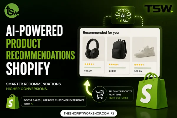 AI-powered product recommendations in Shopify showing personalized product suggestions to increase conversions, average order value, and customer experience.