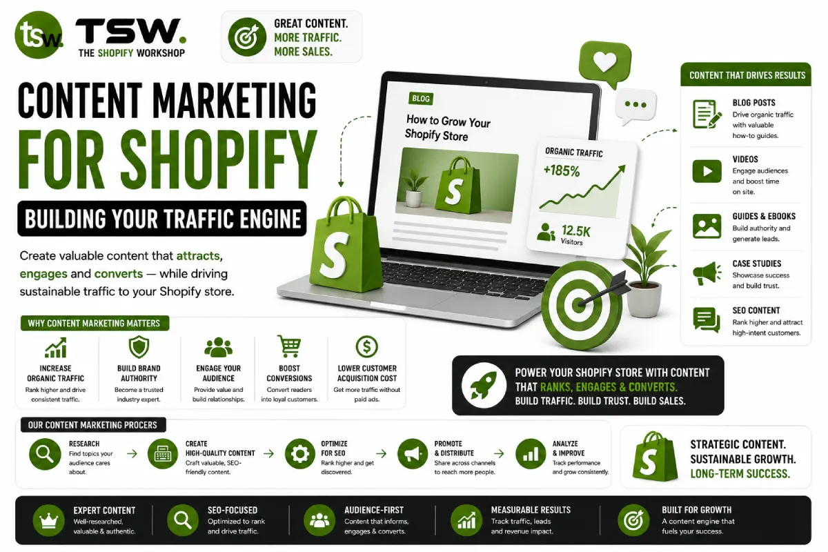 Shopify content marketing strategy showing how to build a traffic engine with SEO content, blogs and audience engagement