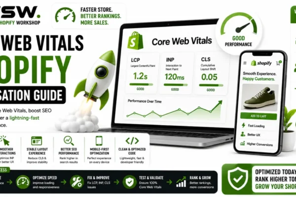 Shopify Core Web Vitals optimization guide showing page speed improvements, SEO performance and user experience enhancements
