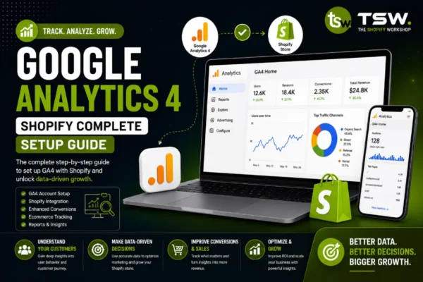 Google Analytics 4 Shopify setup guide showing ecommerce tracking, customer insights and data driven business growth