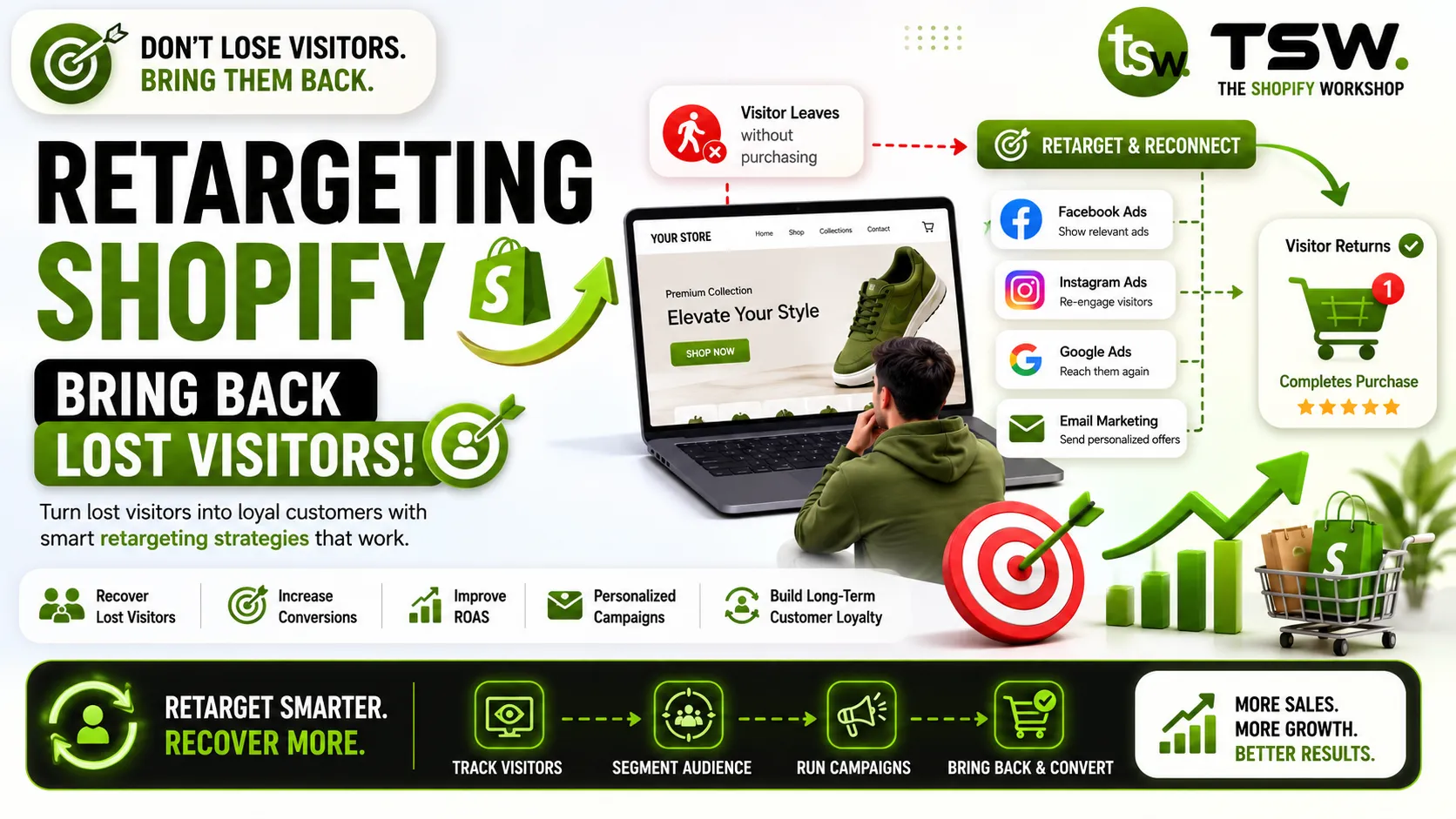 Shopify retargeting strategy showing how to bring back lost visitors with remarketing campaigns and conversion optimization
