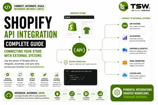 Shopify API Integration guide showing how to connect Shopify stores with ERP, accounting, shipping and external business systems