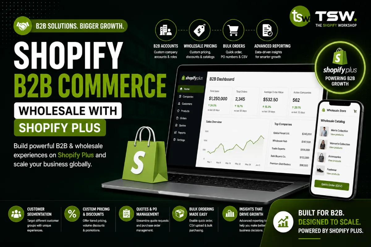 Shopify B2B commerce and wholesale store development using Shopify Plus with custom pricing, bulk orders, B2B accounts and advanced reporting