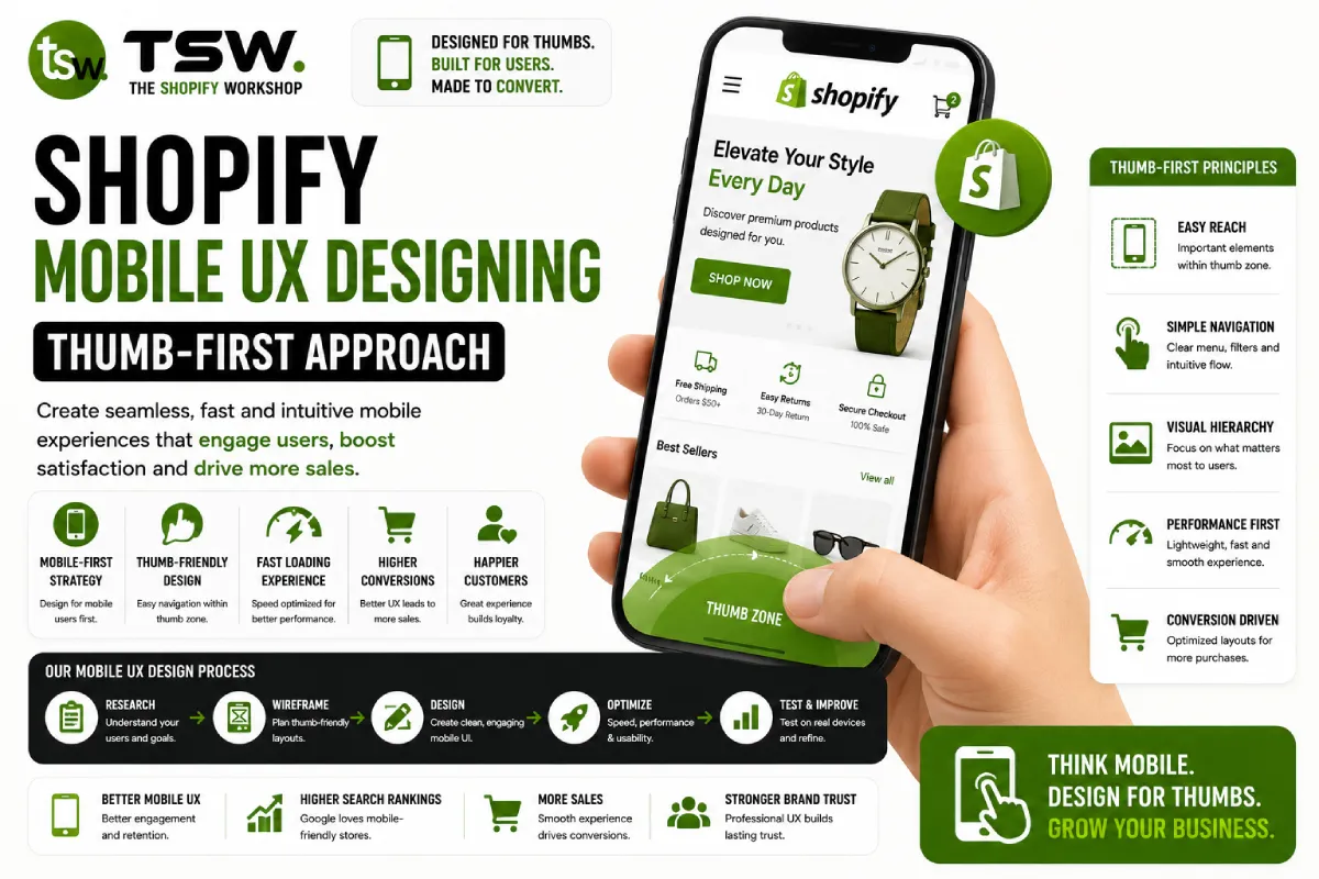 Shopify mobile UX design focused on thumb-first navigation, mobile usability and conversion optimization for ecommerce stores