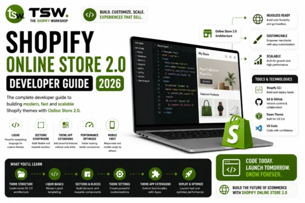 Shopify Online Store 2.0 developer guide showing modern theme development, sections architecture and ecommerce customization