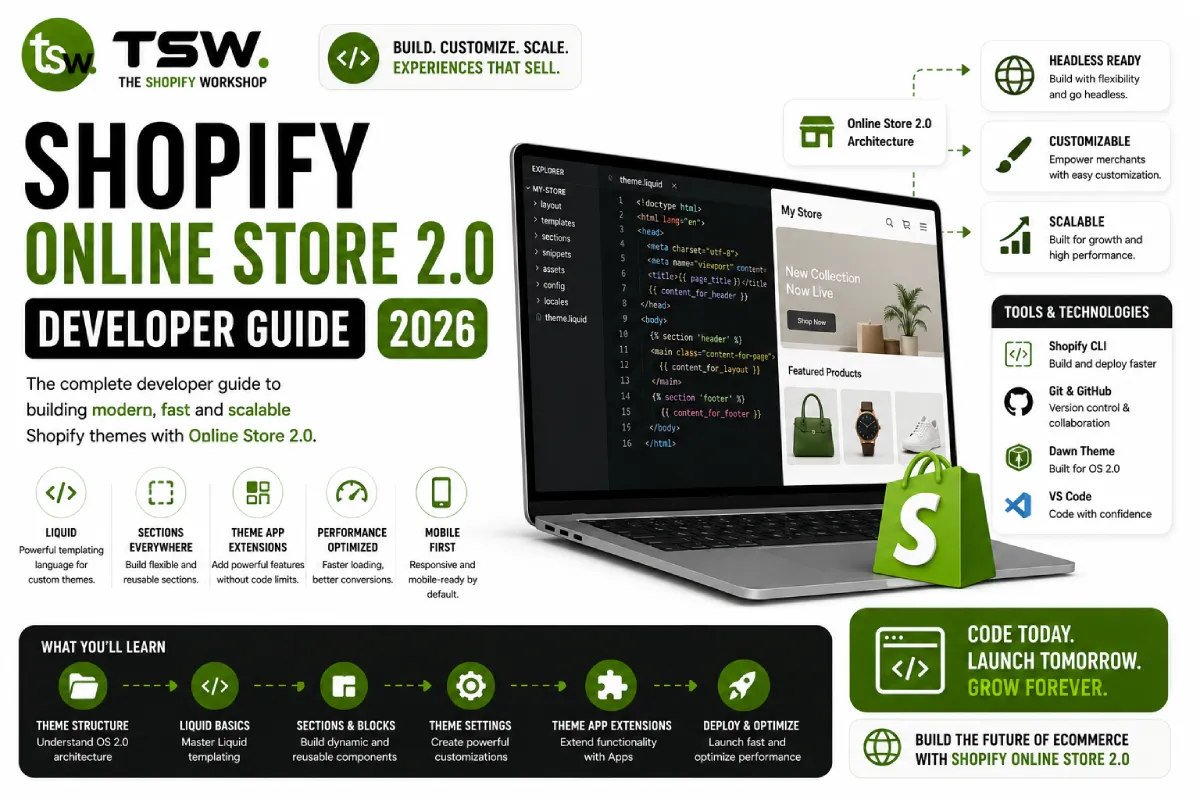 Shopify Online Store 2.0 developer guide showing modern theme development, sections architecture and ecommerce customization