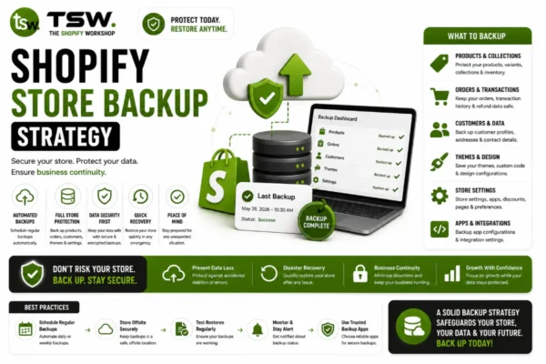 Shopify store backup strategy showing automated backups, data protection, disaster recovery and business continuity planning