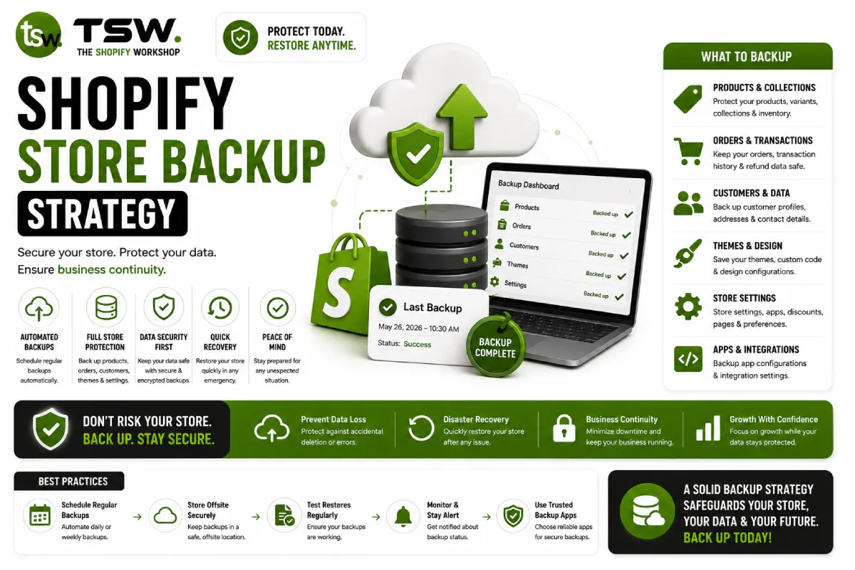 Shopify store backup strategy showing automated backups, data protection, disaster recovery and business continuity planning