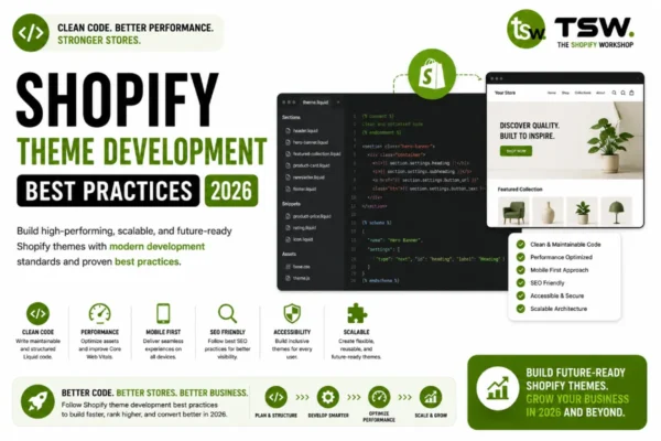 Shopify Theme Development best practices for 2026 focusing on performance optimization, clean code and scalable ecommerce design