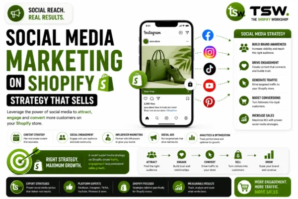 Shopify social media marketing strategy helping ecommerce stores increase traffic, engagement, brand awareness and sales across multiple platforms